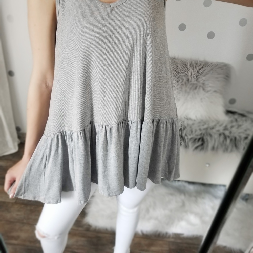 Gray Spring Tank Tops Rib Knit Ruffle Tank Summer Tops - Picture 4 of 7